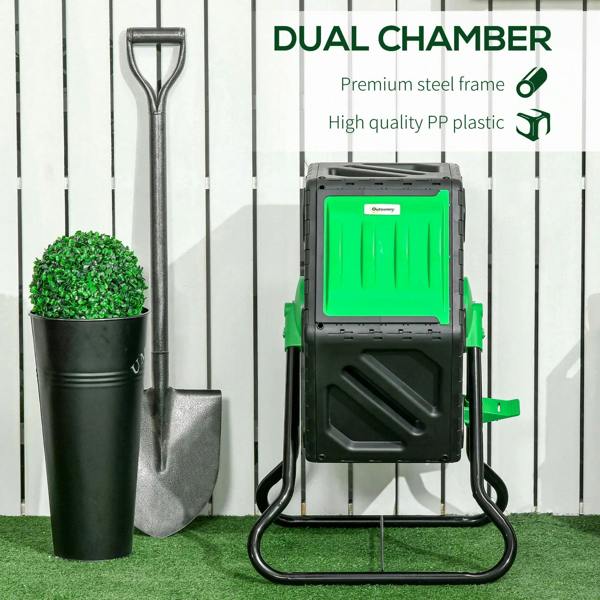 Green and black dual-chamber compost bin on steel frame stand
