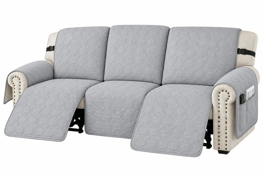 ATEK 3 Seater Recliner Sofa Cover Water Resistant Non Slip Quilted Protector Light Grey