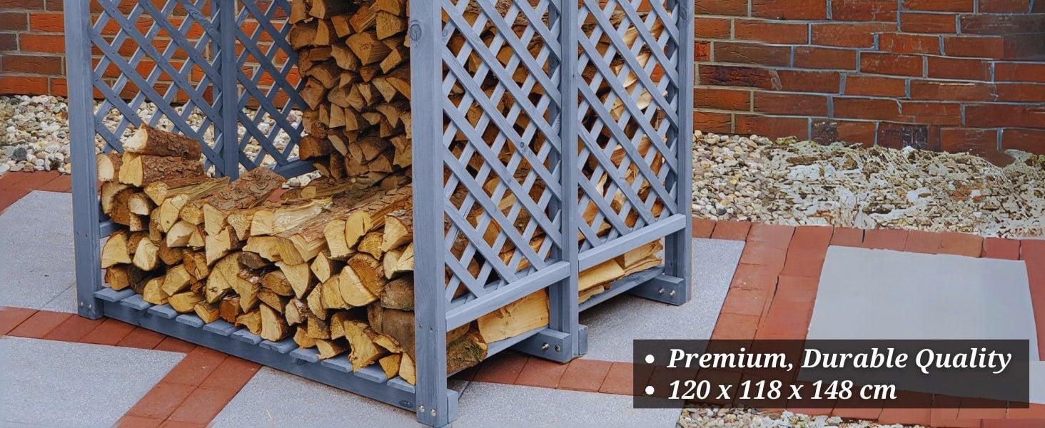 Promex DOUBLE Wooden Log Storage Rack Shed - Grey Wood Rack Firewood Storage Shed with Felt Roof