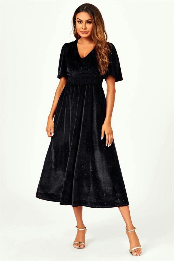 FS Collection V Neck Velvet Midi Dress In Black