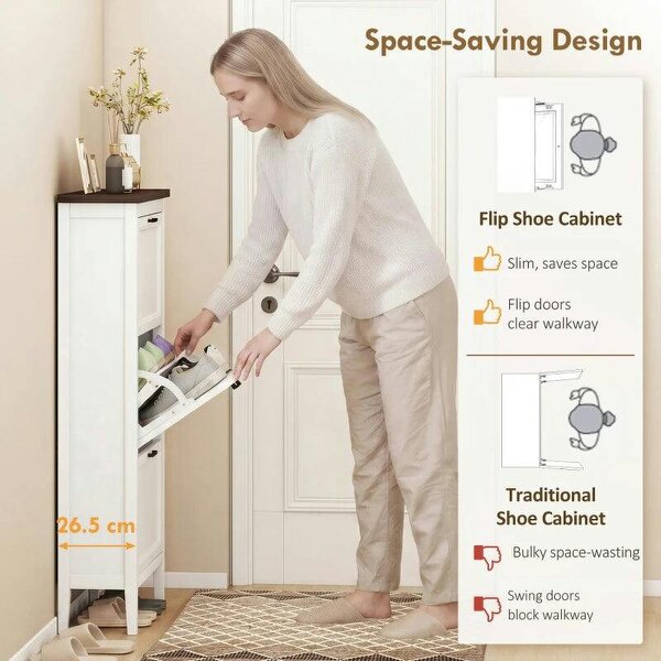 Shoe Cabinet with 3 Flip Drawers, Farmhouse Narrow Shoe Storage Cabinet with Adjustable Shelves, White