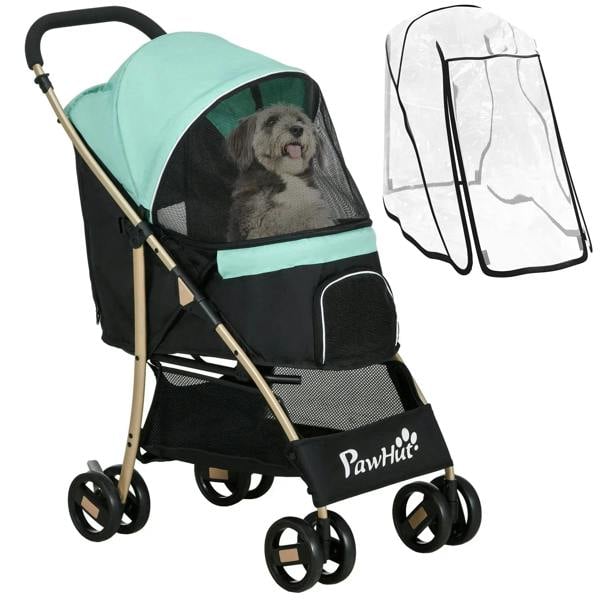 Green pet stroller with black seat and wheels, with dog inside front mesh window