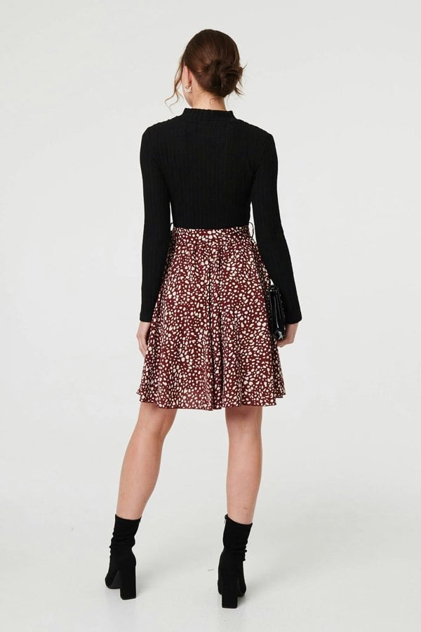 Burgundy | Printed Tie Waist Short Skater Dress