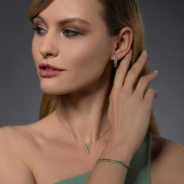 Gold Cuff Bangle Bracelet with Green Cubic Zirconia Stones - namana.london