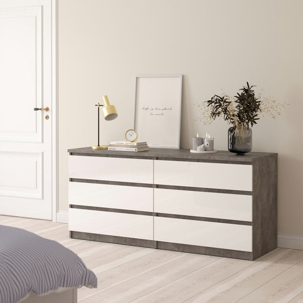 Furniture To Go Naia Wide Chest of 6 Drawers (3+3) in Concrete and White High Gloss