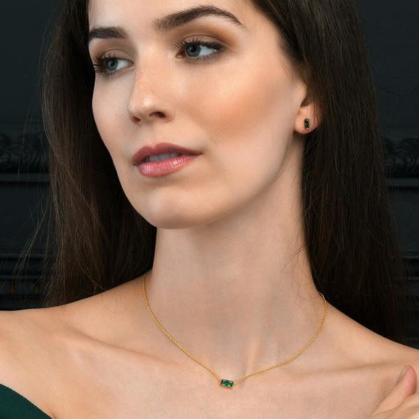 namana Dainty Gold plated Green Baguette Stud Earrings in 925 Sterling Silver For Women