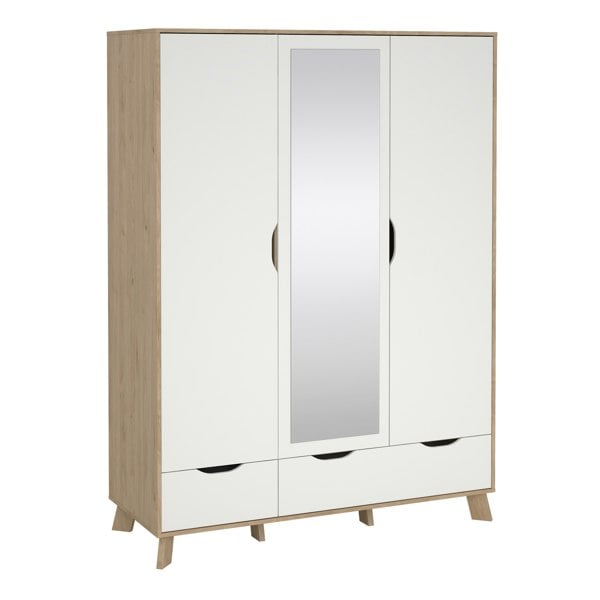 Furniture To Go Ikast Wardrobe 3 Doors and 2 Drawers with Mirror in Jackson Hickory and White