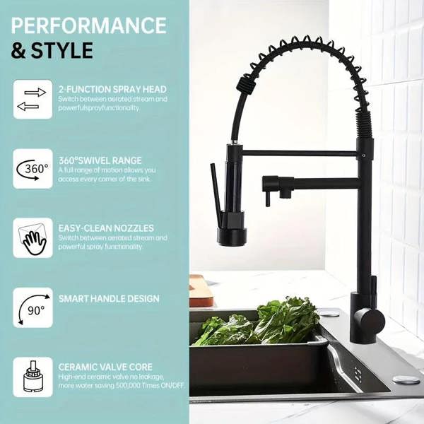 Dyzi Black Dual-Function Kitchen Mixer Tap Pull Down Spray Head
