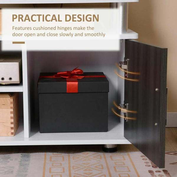 TV cabinet door open showing cushioned hinge and interior storage compartment
