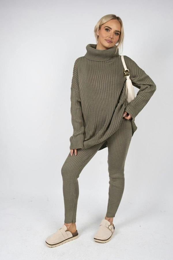 Mila Chunky Knitted High Roll Neck Top Bottom Co-ord Set - Khaki