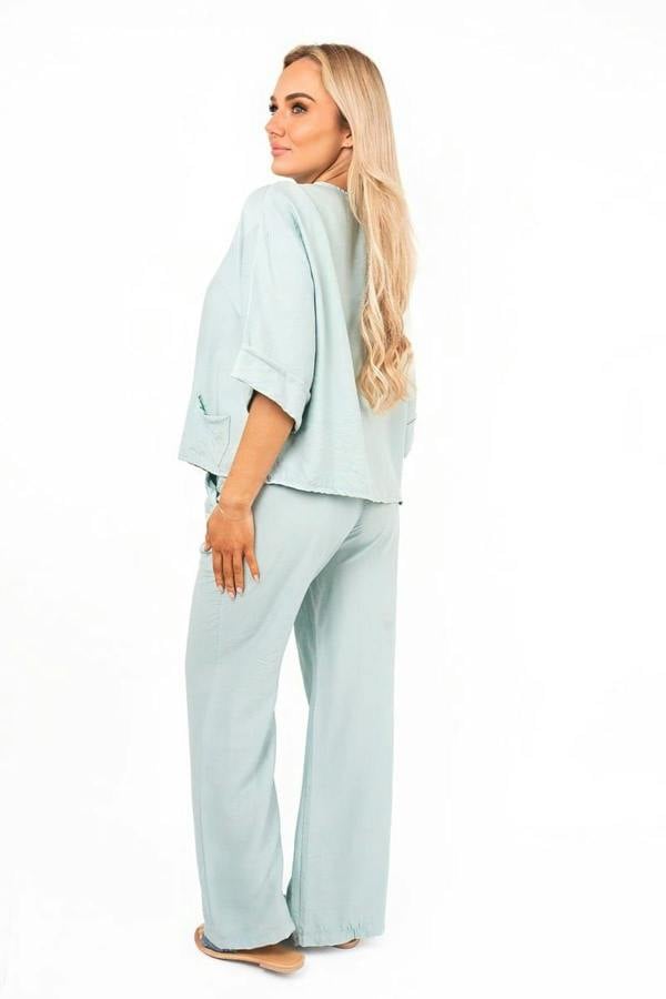 Lyssa Button Front Wide Sleeve Top And Trouser Co-ord Set - Mint