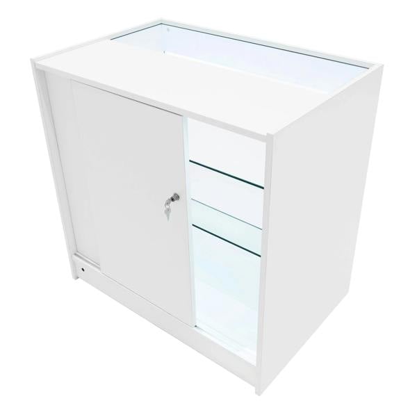 White Apollo LED shop counter set with glass shelves, sleek design, and a lockable sliding door for secure storage