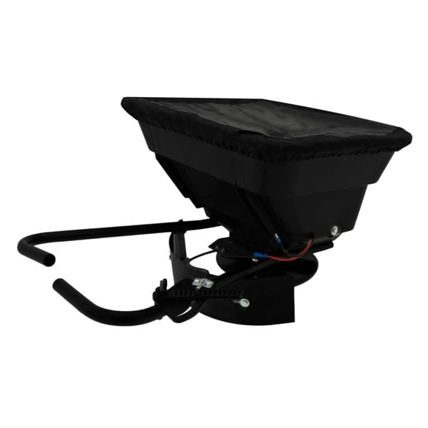 ATV mounted spreader with a black hopper, sturdy frame, and adjustable handle, designed for efficient spreading of seeds or fertilizer