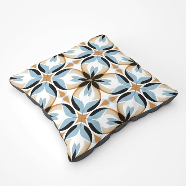 Warren Reed White Brown And Blue Geometric Pattern Floor Cushion