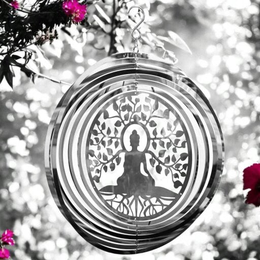 EDH Door Hardware Buddha Wind Spinner - Stainless Steel Hanging Garden Décor, Zen Outdoor Metal Art, Spiritual Yard Ornament, Kinetic Spinner