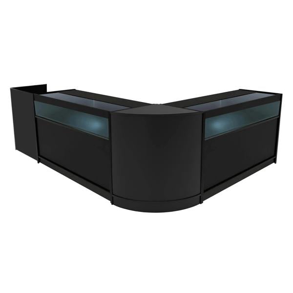 Luna LED Shop Counter Set in sleek black, featuring curved design, glass display tops, and integrated LED lighting for showcasing products