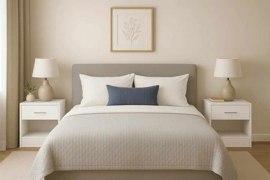 White bedside table with drawer and open shelf, modern nightstand for bedroom or living room

