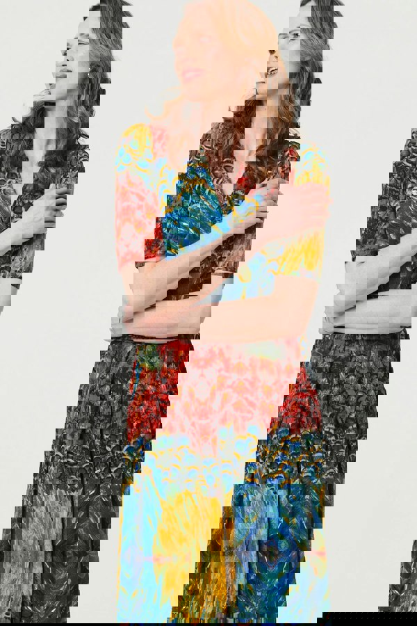 Blue | Printed Ruched Waist Faux Wrap Midi Dress