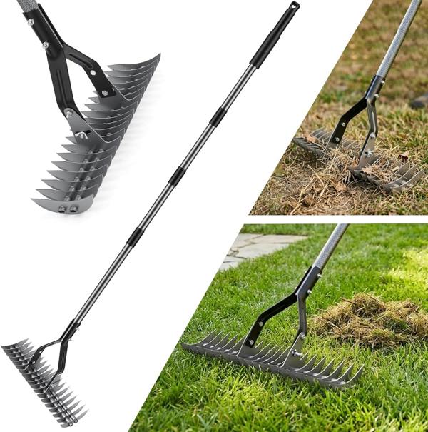 My Garden Outdoor Living My Garden Extendable Thatch Rake 1.77M - Manual Lawn Scarifier - Adjustable Steel Handle - Moss & Thatch Rake