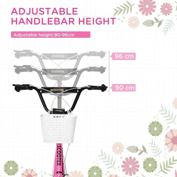 Pink kids scooter with adjustable black handlebar and white front basket