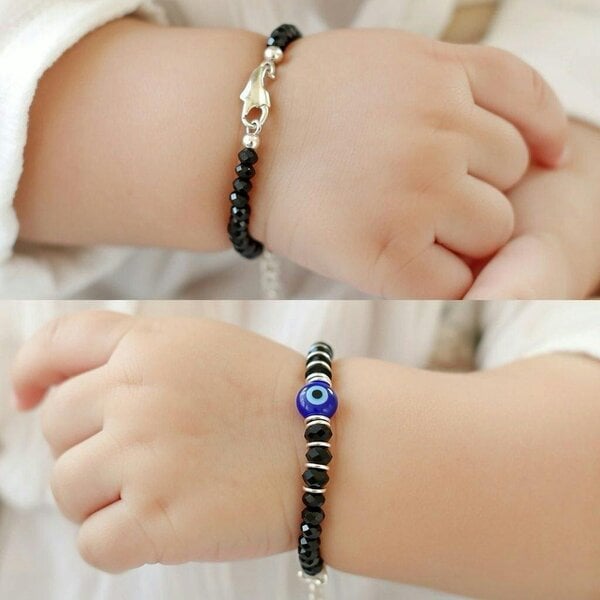 The Colourful Aura Black Beaded Evil Eye Silver Kids Nazaria Bracelet