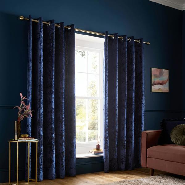 Catherine Lansfield Crushed Velvet Lined Eyelet Curtains Navy Blue