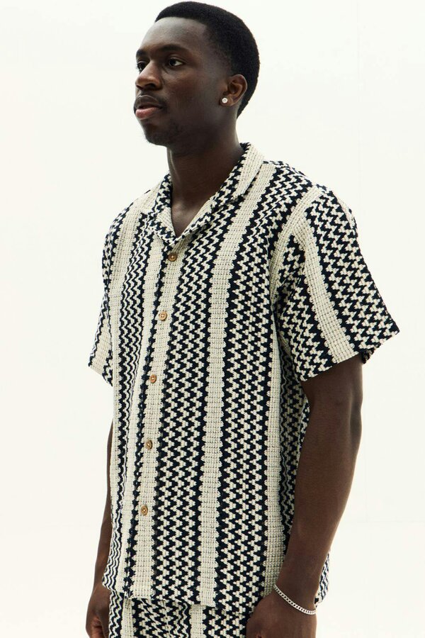 Men’s Crochet Texture Matching Shirt & Shorts Set – Boxy Fit | 100% Cotton - Navy