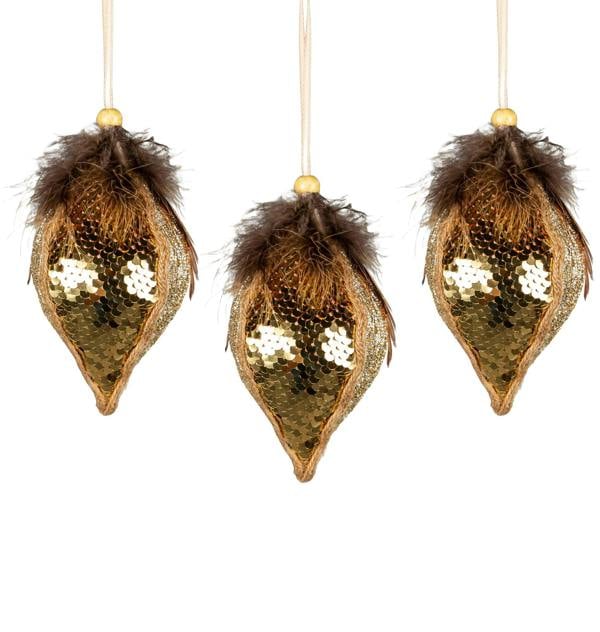 14cm Gold Sequin Teardrop Bauble Set of 3 Christmas Hanging Decorations image 1