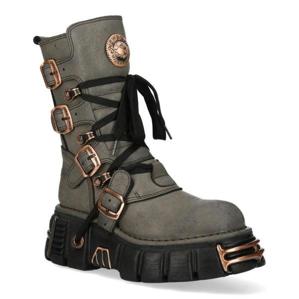 New Rock Grey Brown Leather Gothic Mid-Calf Biker Boots - M-373XL-C119