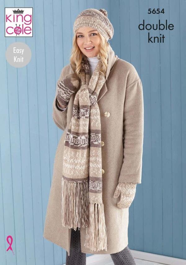 King Cole Fjord DK Knitting Pattern 5654, Scarves, Headwear, Wrist Warmers for Women, One Size - Easy
