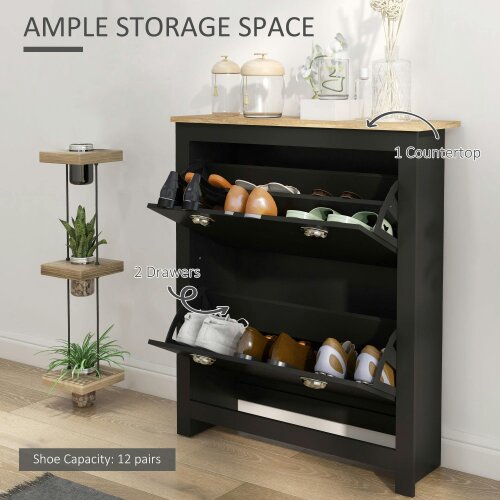 Wyld Haus Resuka Wooden Black Slim Shoe Cabinet With 2 Flip Drawers For 6 To 12 Pairs