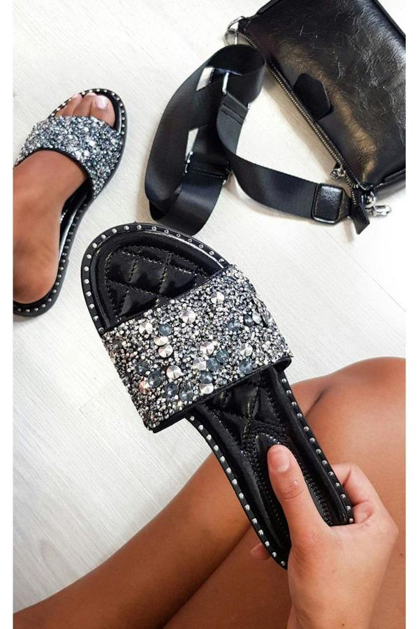 Sofie Embellished Slip On Sandals - Black