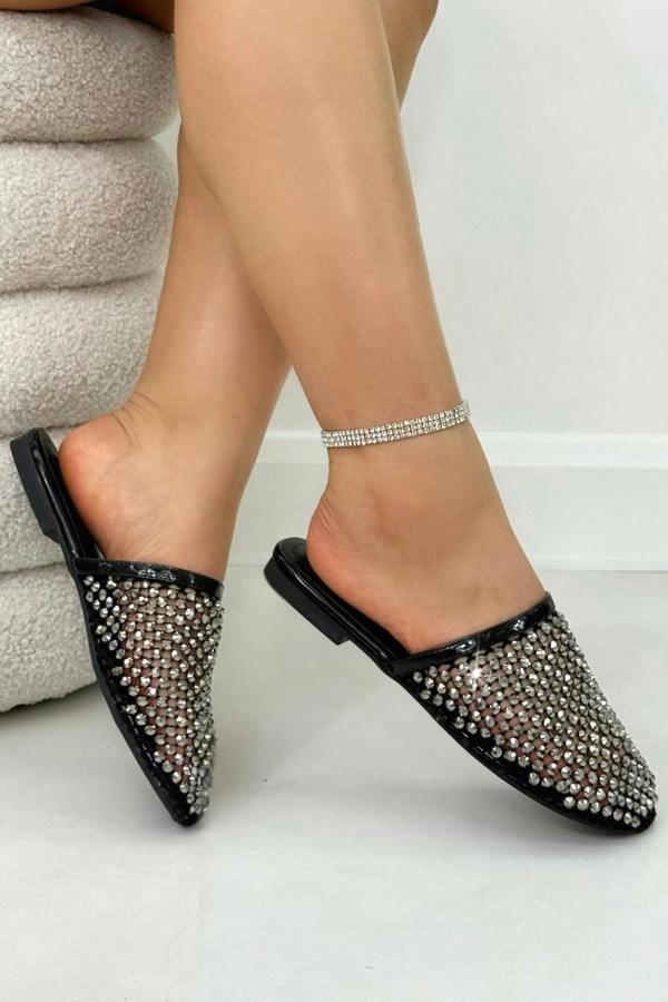 Sparkly Prism Glow Mule Sliders Black, focused on lightweight flat sole for comfortable all-day use