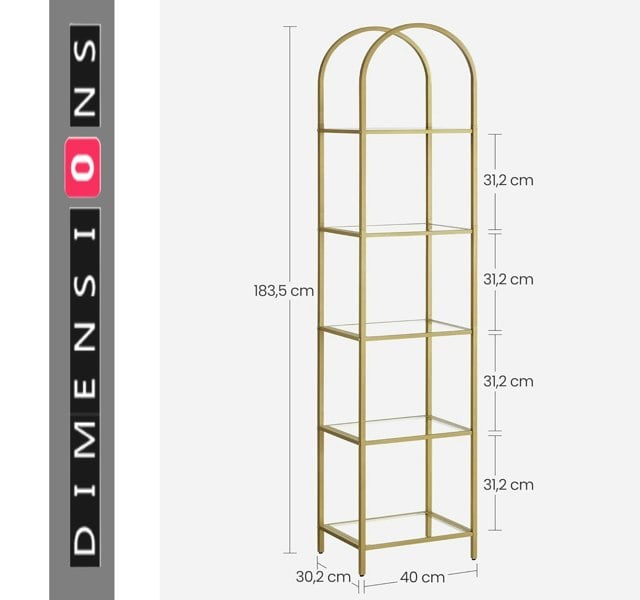 Modcraft 5-Tier Tempered Glass Shelf Unit, Arched Display Rack, Metallic Gold Frame 183.5 cm
