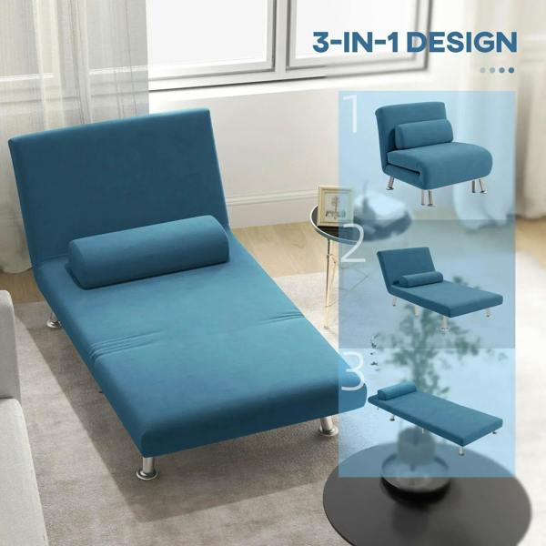 Blue sleeper chair shown in multiple positions with 3-in-1 design layout