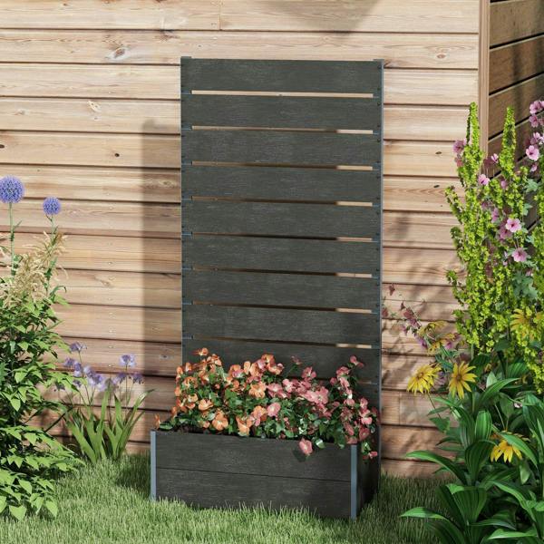 Black garden planter box with back trellis, horizontal slats and front planter with flowers