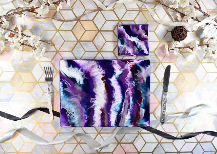 Kate Chesters Art Purple Resin Art Placemats and Drinks Coasters - Heat Safe