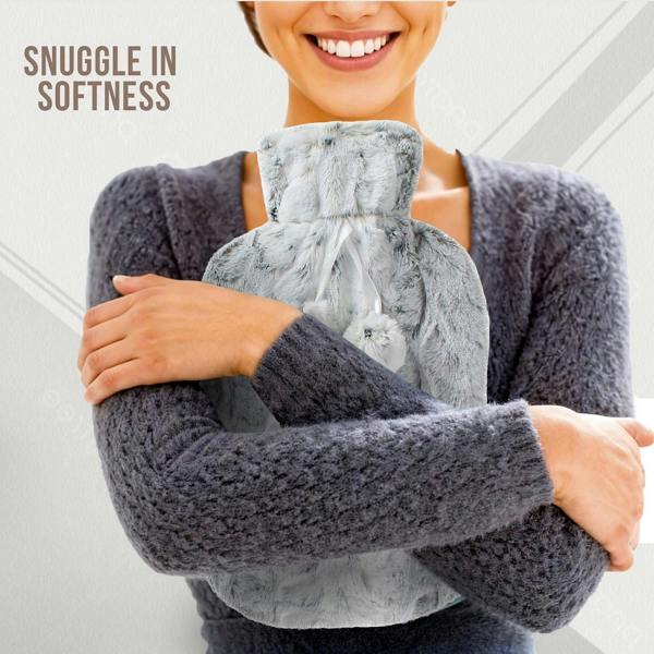 LKH HOME COLLECTION Hot Water Bottle with Cover UK 2L with Faux Fur Pom Poms For Period Pain Relief Leak Resistant BPA Free Hot Bottle
