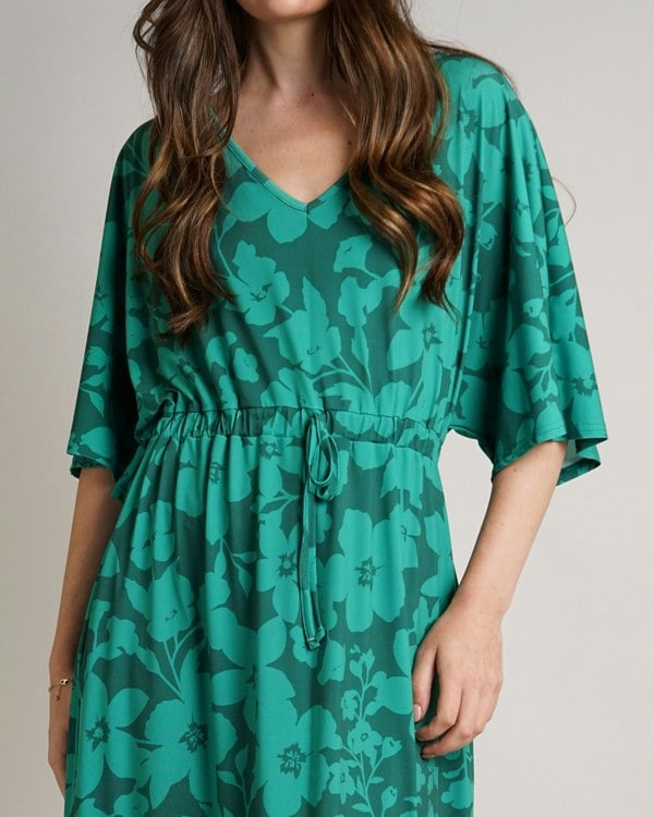 Antonia York Floral Print Kaftan Luna V-Neck Elasticated Waist Soft Jersey Dress - Green