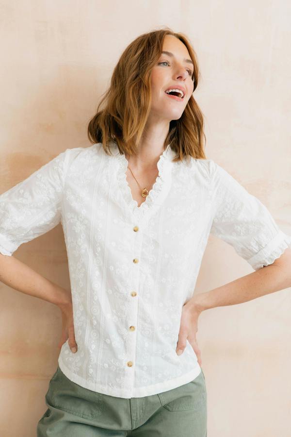 Lily & Me Wren Embroidered Cotton Frill Blouse White