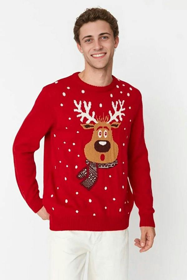 WOVCOR Crew Neck Deer Patterned Christmas Knit Men's Sweater