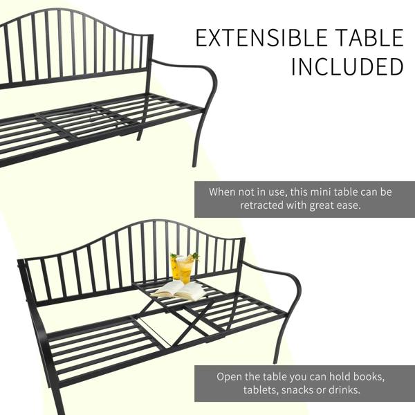 Black metal garden bench with open mini table platform between the seats