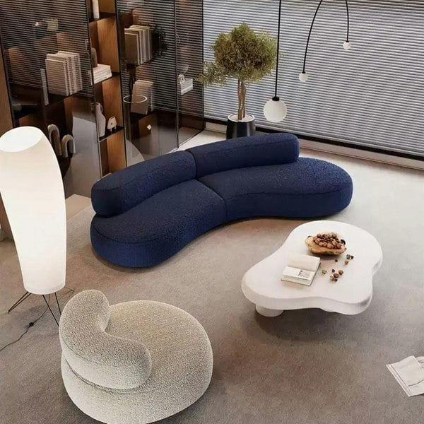 Selim Three Seater Curved Sofa, Modular Sofa, Blue in a lifestyle setting with curve sofa