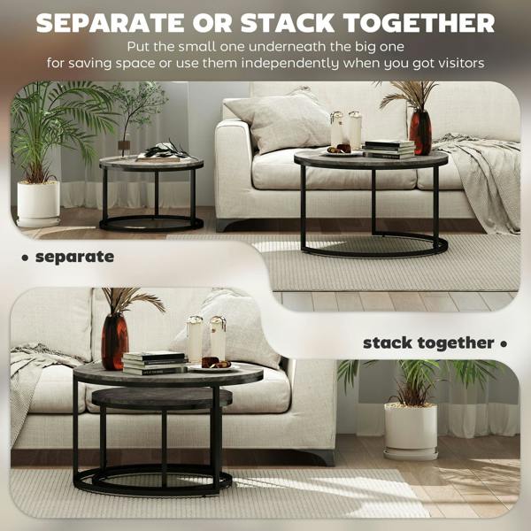 Wyld Haus Reniso Set Of 2 Metal And Wood Marble Effect Industrial Round Nesting Coffee Tables