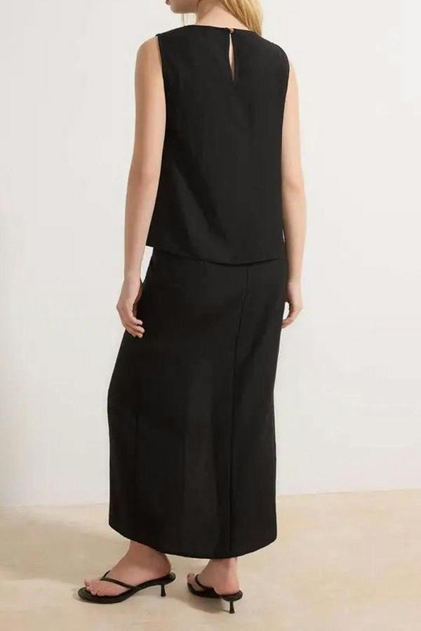 WOVCOR 2-Piece Blouse-Skirt Woven Top and Bottom Set with Accessories and Slit Detail