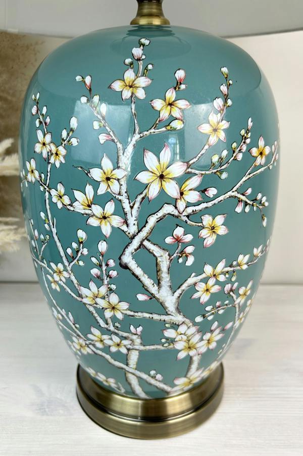 Downton Interiors Teal Green Blossom Ceramic Table Lamp with Plain Shade (G2122 Plain)