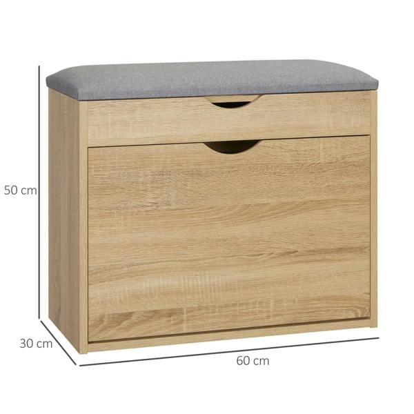 Shoe storage bench with gray padded seat and two drawer-style compartments, natural wood