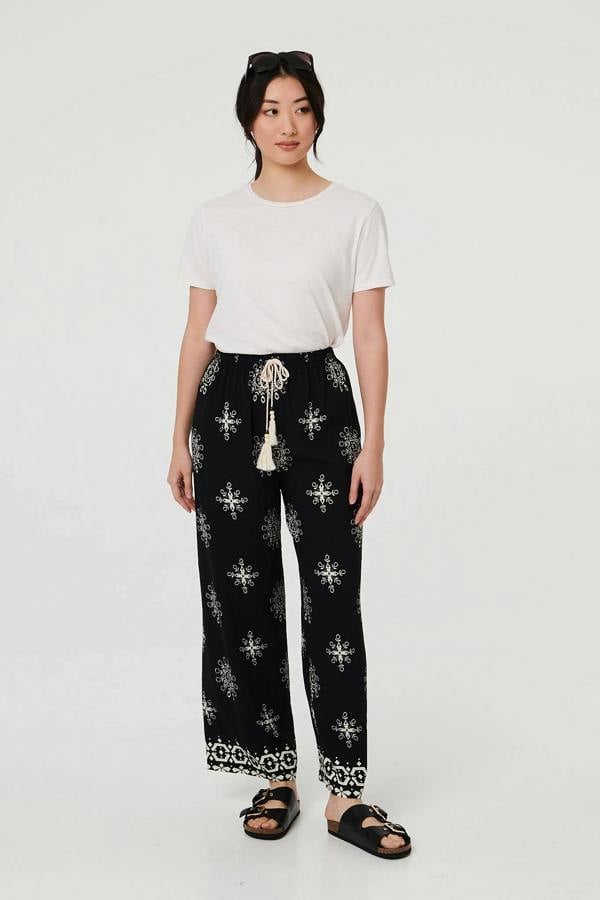 Black | Border Print Wide Leg Relaxed Trousers