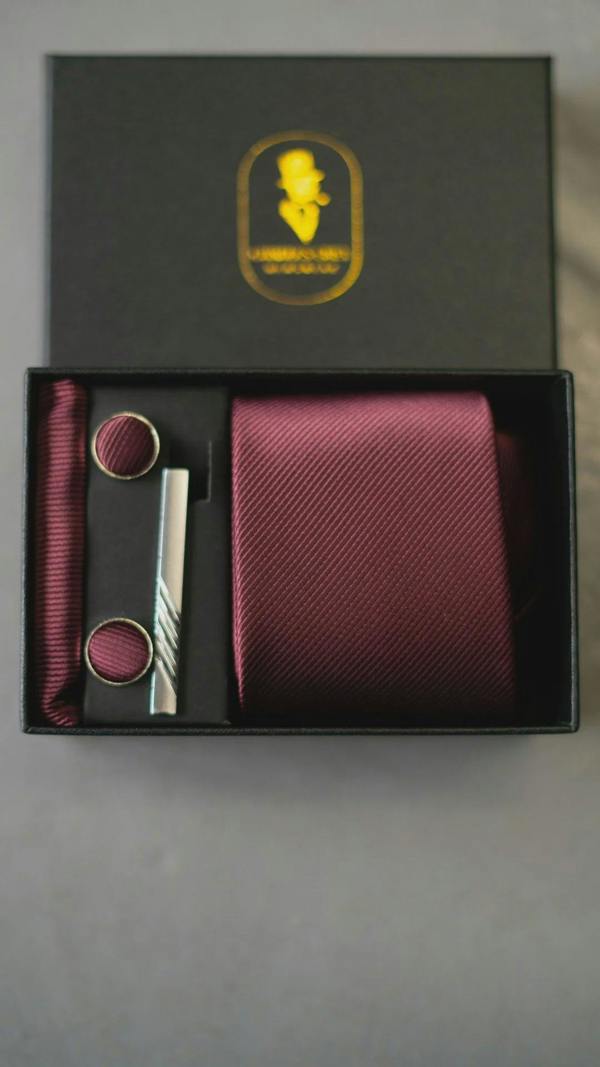 Charles Grey Tie, Pocket Square, Cuff Link & Tie Clip Set - Burgundy