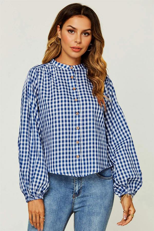 FS Collection Gingham Print Band Collar Blouse Top In Blue